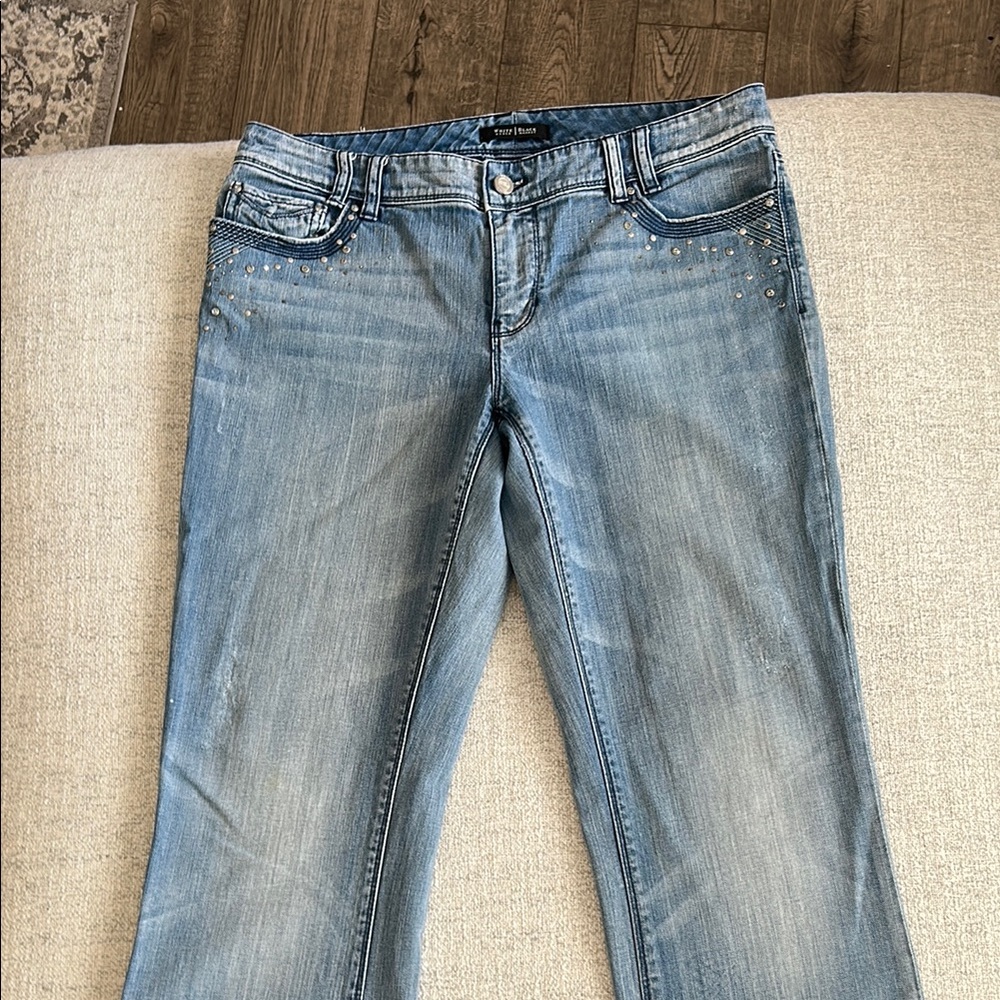 White House Black Market Blue Straight Leg Jeans with Distressed Details